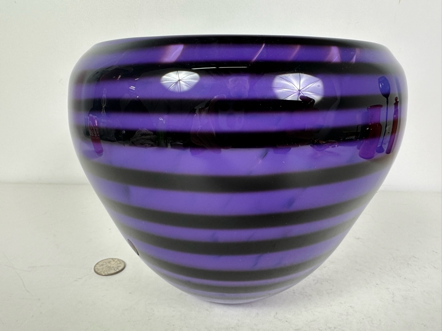Artist Signed Studio Art Glass Bowl Purple & Black 6.5'H [Photo 3]