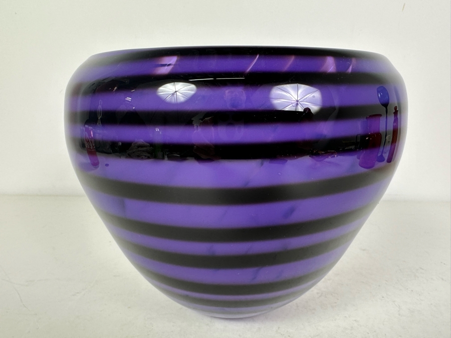 Artist Signed Studio Art Glass Bowl Purple & Black 6.5'H [Photo 2]