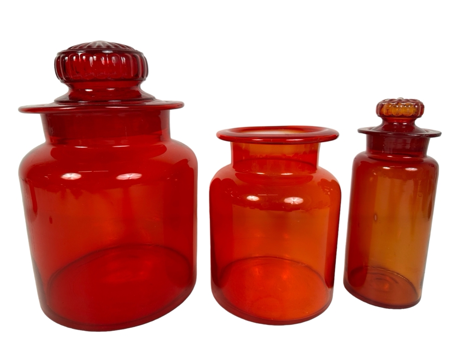 Vintage MCM Takahashi Japanese Art Glass Apothecary Jars - Two With Lids 10'H - 7'H [Photo 1]