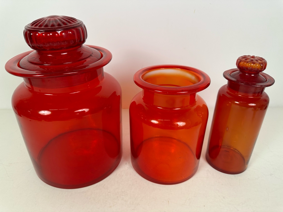 Vintage MCM Takahashi Japanese Art Glass Apothecary Jars - Two With Lids 10'H - 7'H [Photo 2]