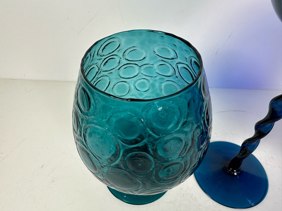 Three Vintage MCM Italian Empoli Glass Pedestal Vases Brandy Snifters Blue 9'H - 13.5'H [Photo 3]