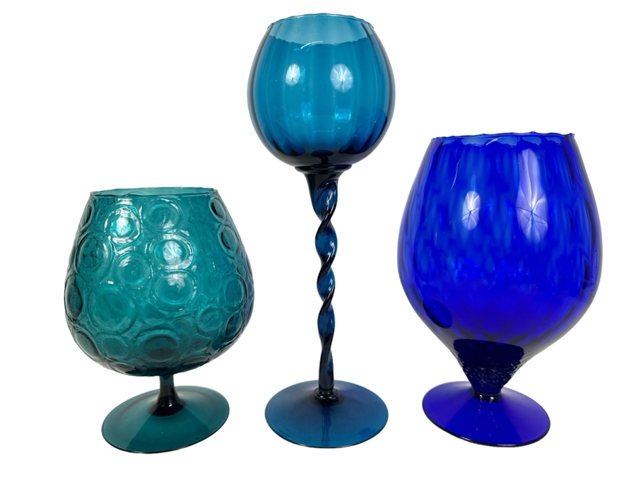 Three Vintage MCM Italian Empoli Glass Pedestal Vases Brandy Snifters Blue 9'H - 13.5'H [Photo 1]
