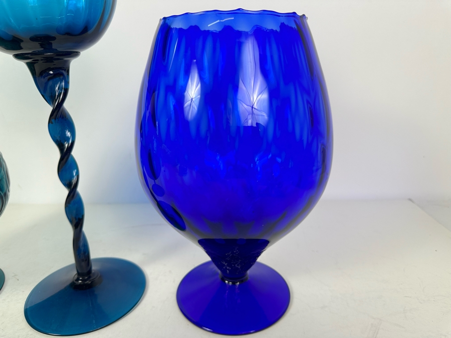 Three Vintage MCM Italian Empoli Glass Pedestal Vases Brandy Snifters Blue 9'H - 13.5'H [Photo 6]