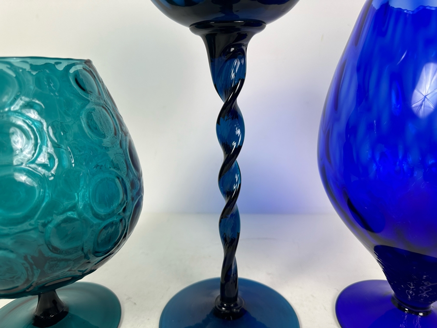 Three Vintage MCM Italian Empoli Glass Pedestal Vases Brandy Snifters Blue 9'H - 13.5'H [Photo 4]