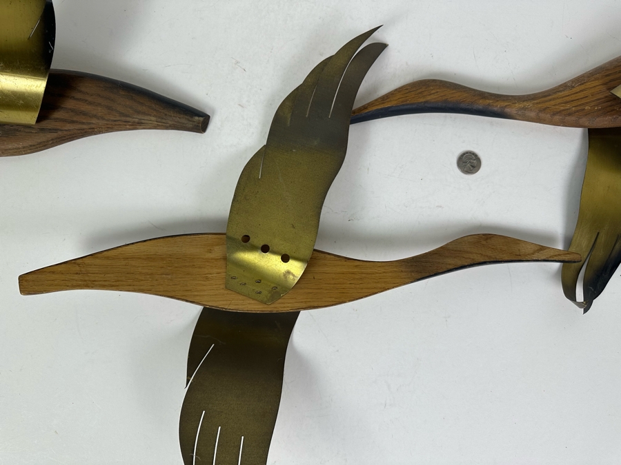Vintage Mid-Century Modern Wood & Brass Birds In Flight Wall Decor, 3 Birds 20'L Each [Photo 4]
