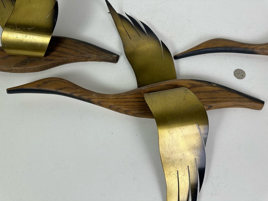 Vintage Mid-Century Modern Wood & Brass Birds In Flight Wall Decor, 3 Birds 20'L Each [Photo 3]