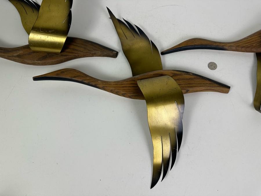 Vintage Mid-Century Modern Wood & Brass Birds In Flight Wall Decor, 3 Birds 20'L Each [Photo 2]
