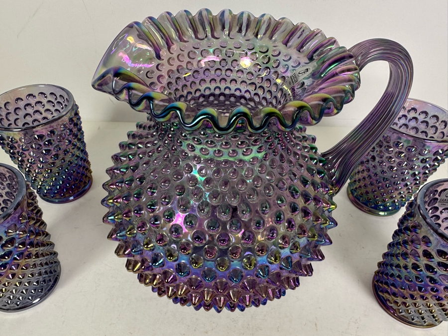 Vintage Fenton Glass Hobnail Pitcher 7.5'H With Four Matching Glasses 4.25'H In Purple [Photo 3]
