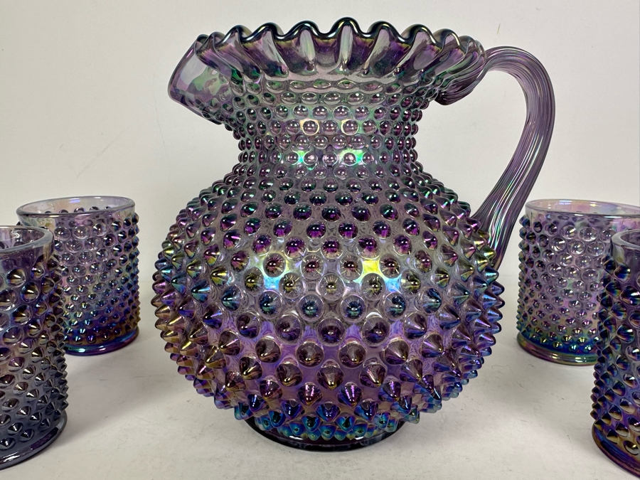 Vintage Fenton Glass Hobnail Pitcher 7.5'H With Four Matching Glasses 4.25'H In Purple [Photo 2]