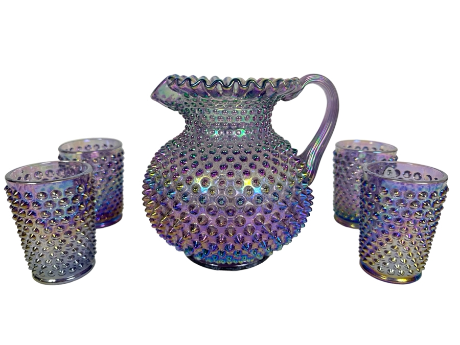 Vintage Fenton Glass Hobnail Pitcher 7.5'H With Four Matching Glasses 4.25'H In Purple