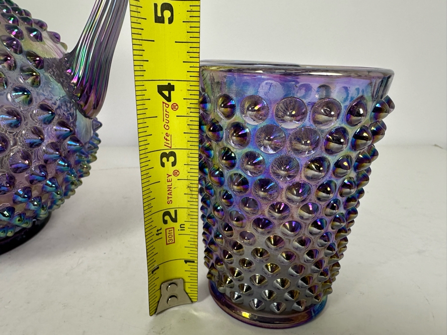 Vintage Fenton Glass Hobnail Pitcher 7.5'H With Four Matching Glasses 4.25'H In Purple [Photo 8]