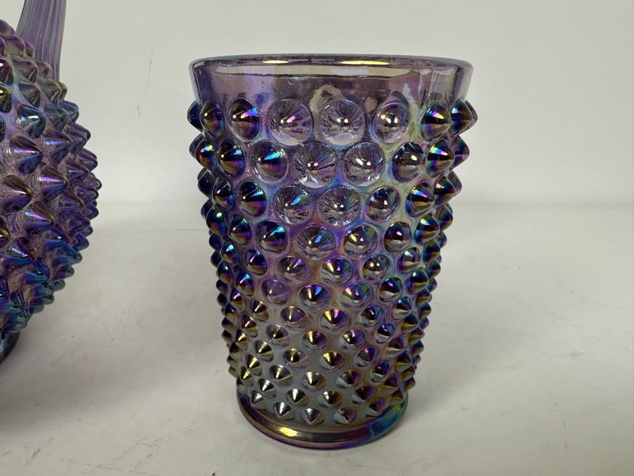 Vintage Fenton Glass Hobnail Pitcher 7.5'H With Four Matching Glasses 4.25'H In Purple [Photo 5]