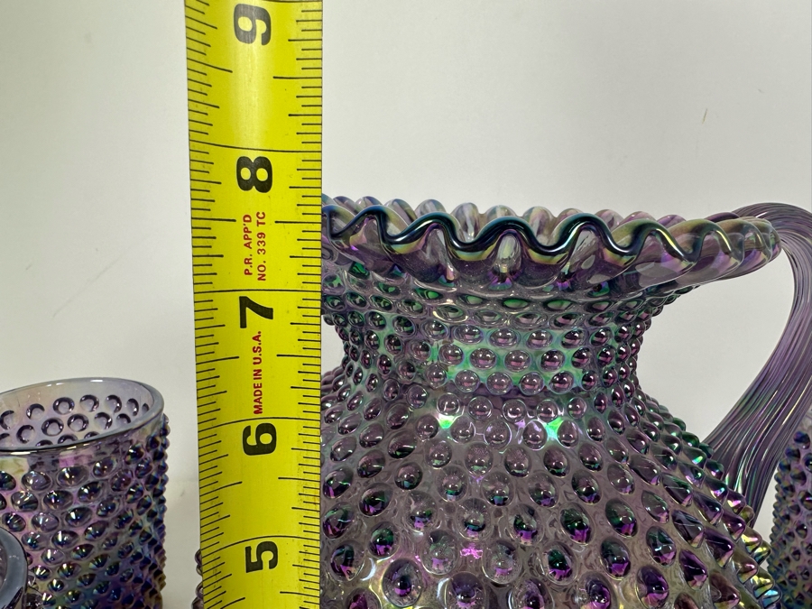 Vintage Fenton Glass Hobnail Pitcher 7.5'H With Four Matching Glasses 4.25'H In Purple [Photo 7]