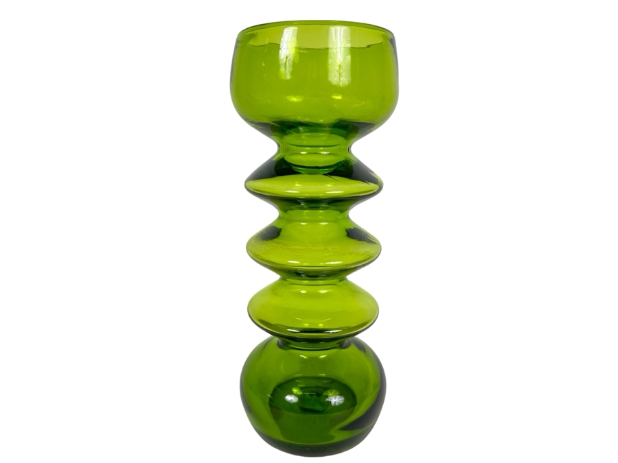 Rare Vintage MCM Rainbow Art Glass West Virginia 10.5' Green Bubble Vase [Photo 1]