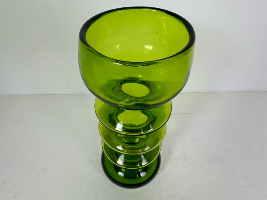 Rare Vintage MCM Rainbow Art Glass West Virginia 10.5' Green Bubble Vase [Photo 2]