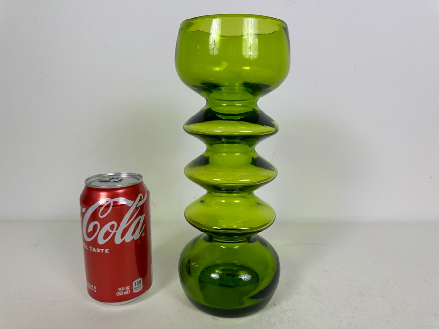 Rare Vintage MCM Rainbow Art Glass West Virginia 10.5' Green Bubble Vase [Photo 5]