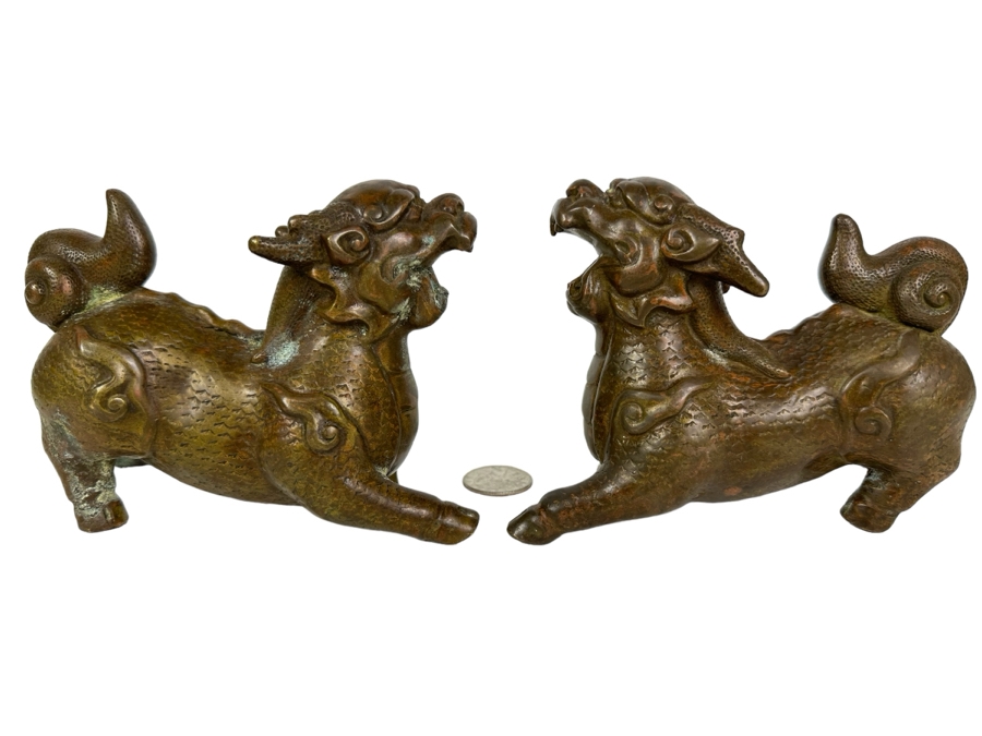 Pair Of Vintage Bronze Copper Lion Foo Dogs 6'W X 4'H
