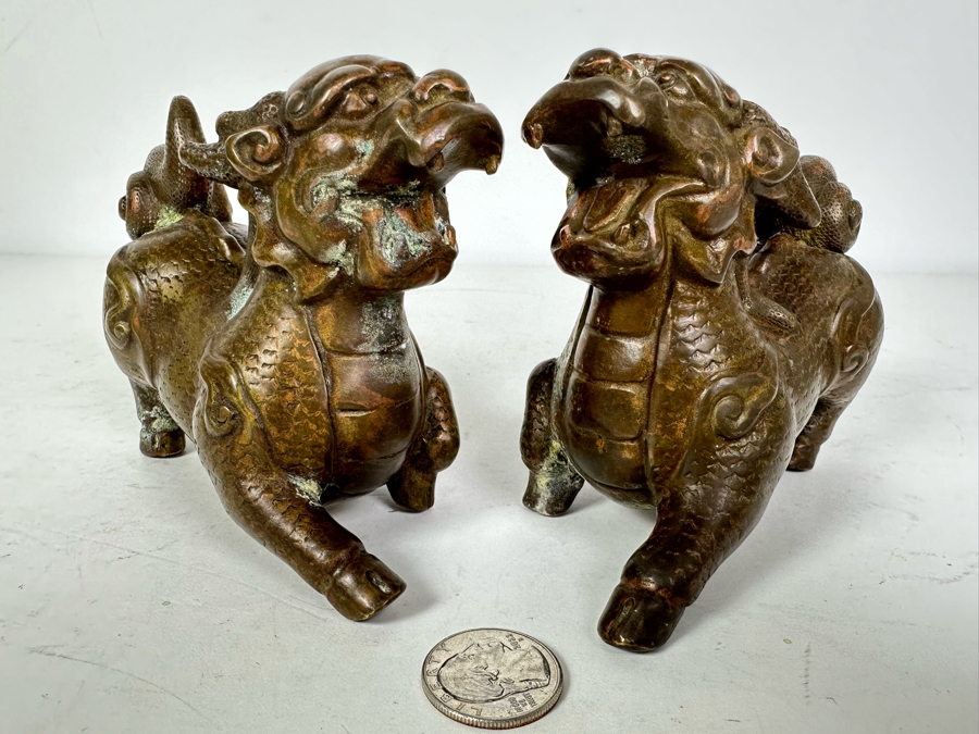 Pair Of Vintage Bronze Copper Lion Foo Dogs 6'W X 4'H [Photo 2]