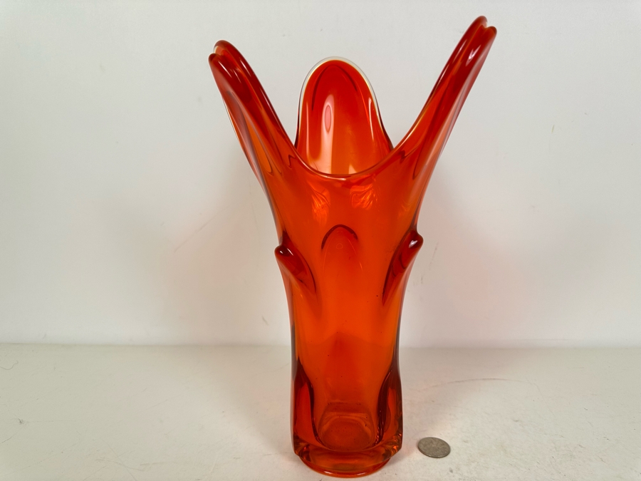 Vintage MCM Viking Glass Persimmon Vase Three Finger 11.5'H [Photo 2]