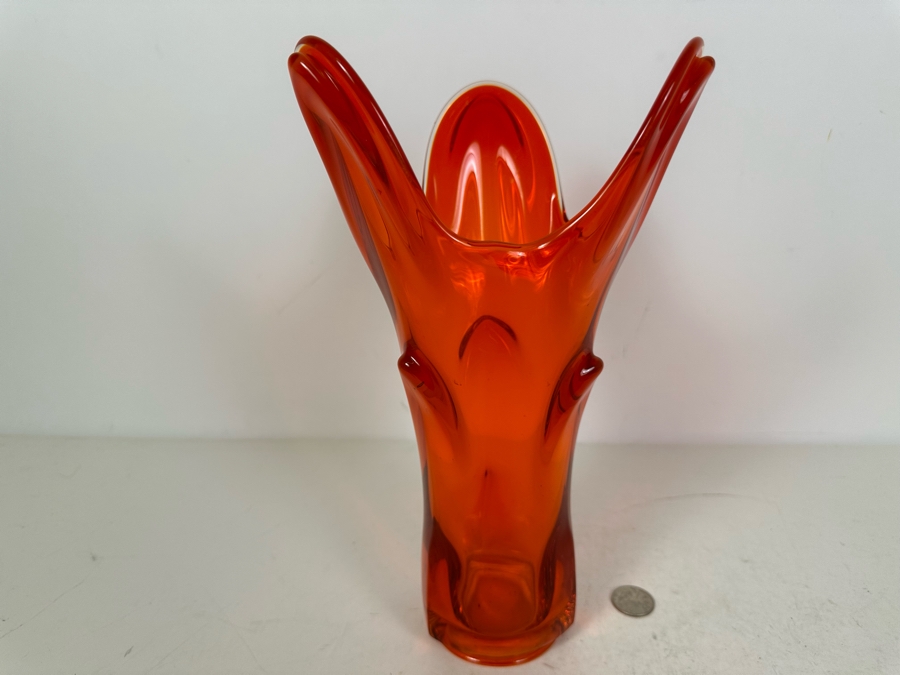 Vintage MCM Viking Glass Persimmon Vase Three Finger 11.5'H [Photo 6]