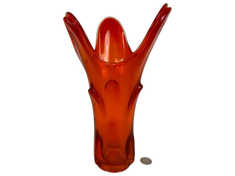 Vintage MCM Viking Glass Persimmon Vase Three Finger 11.5'H [Photo 1]