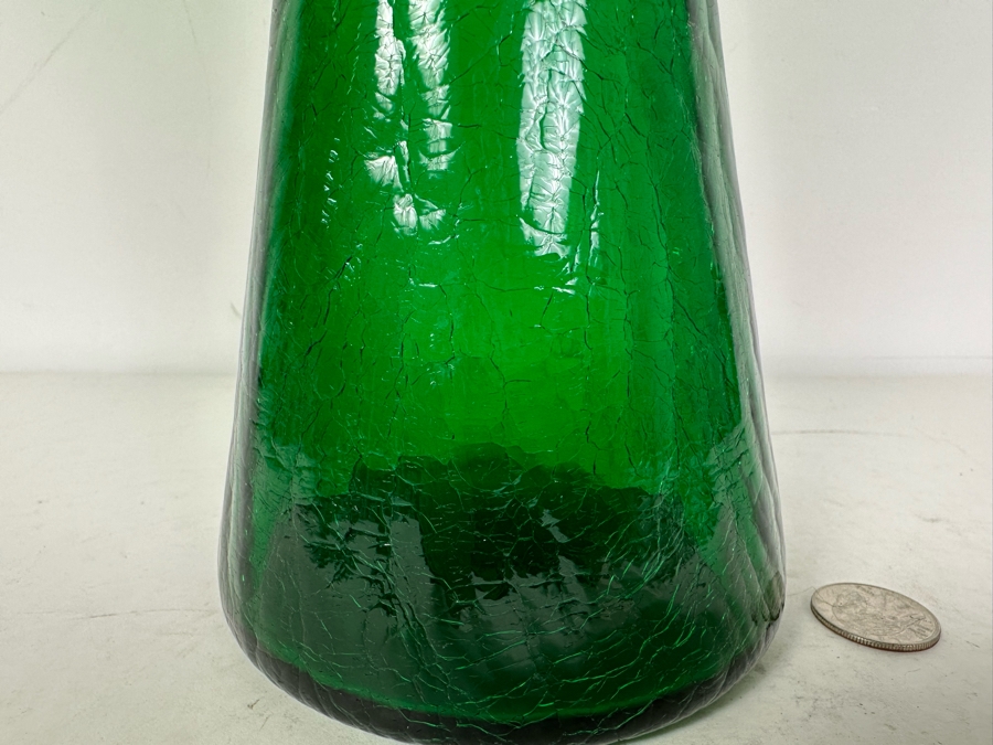 Vintage Mcm Pilgrim Glass Company Emerald Green Crackle Glass Vase With Applied Coil 115h 0754