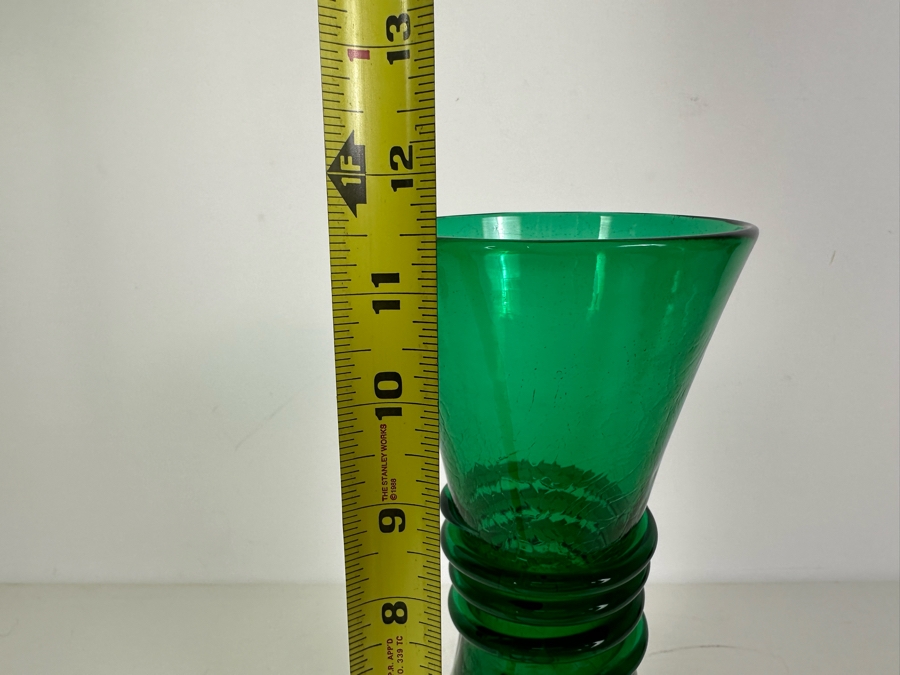 Vintage MCM Pilgrim Glass Company Emerald Green Crackle Glass Vase With Applied Coil 11.5'H [Photo 6]
