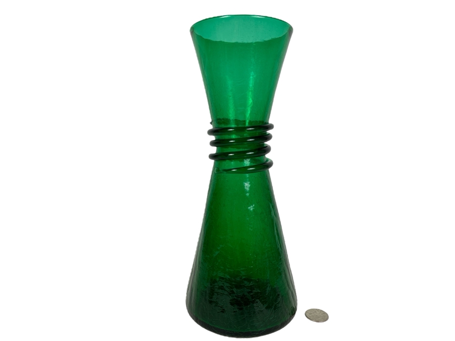 Vintage MCM Pilgrim Glass Company Emerald Green Crackle Glass Vase With Applied Coil 11.5'H [Photo 1]