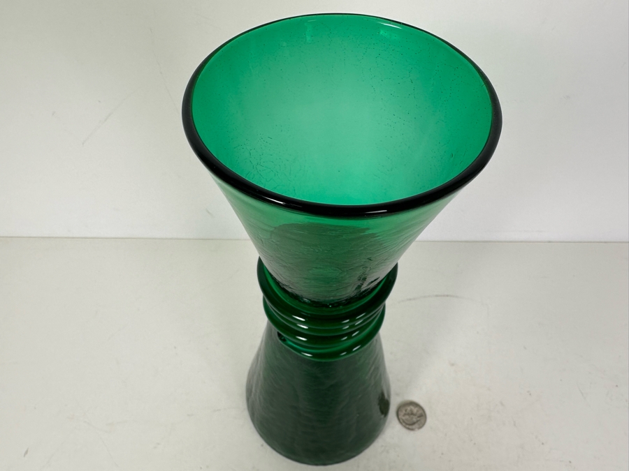 Vintage Mcm Pilgrim Glass Company Emerald Green Crackle Glass Vase With Applied Coil 115h 3913