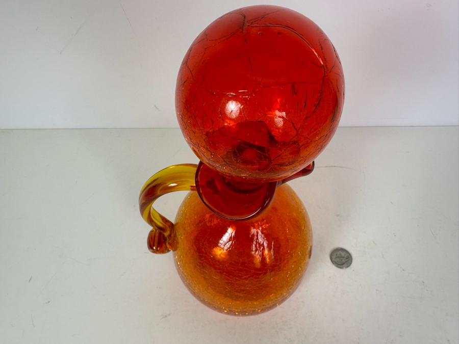 Vintage MCM Rainbow Glass Company Tangerine Crackle Glass Decanter Pitcher With Ball Stopper 11'H [Photo 5]