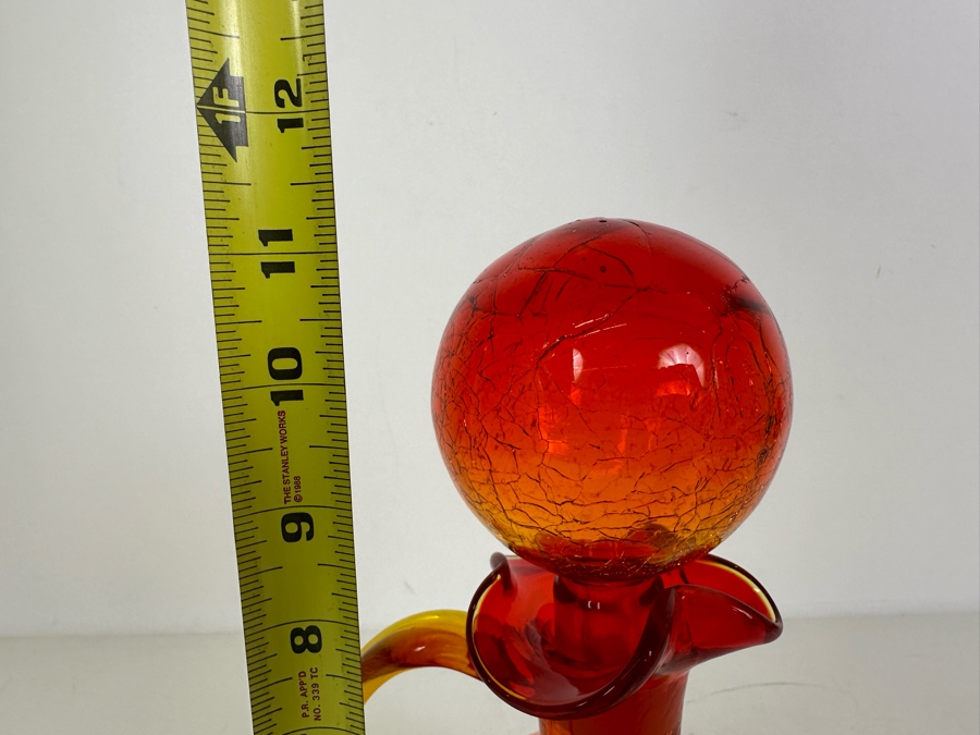 Vintage MCM Rainbow Glass Company Tangerine Crackle Glass Decanter Pitcher With Ball Stopper 11'H [Photo 9]