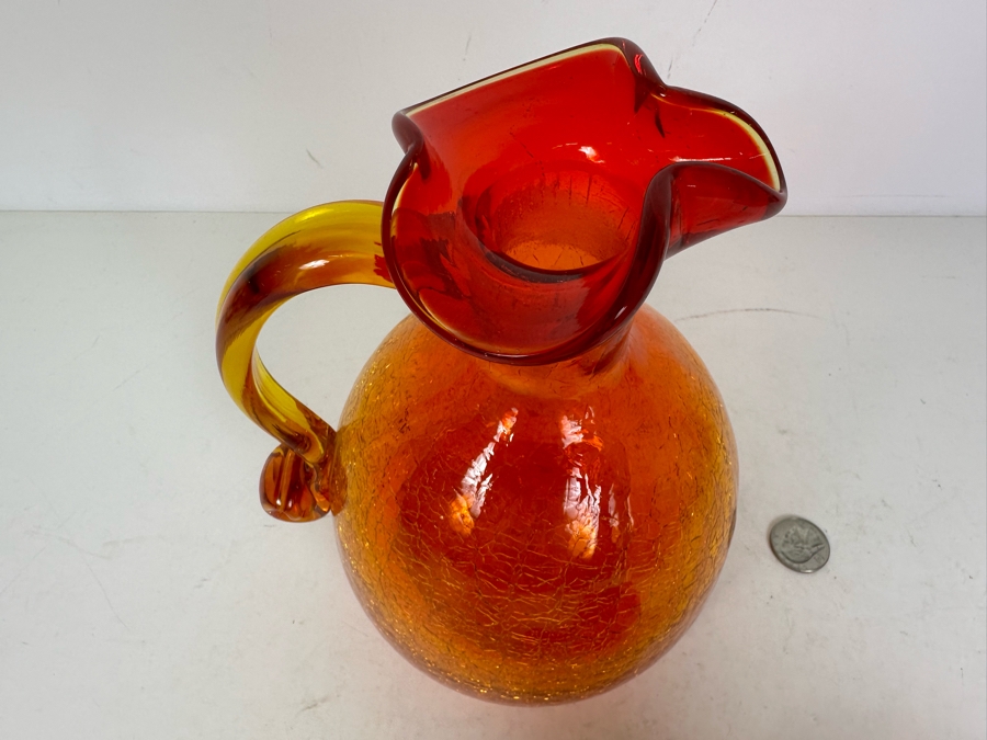 Vintage MCM Rainbow Glass Company Tangerine Crackle Glass Decanter Pitcher With Ball Stopper 11'H [Photo 7]
