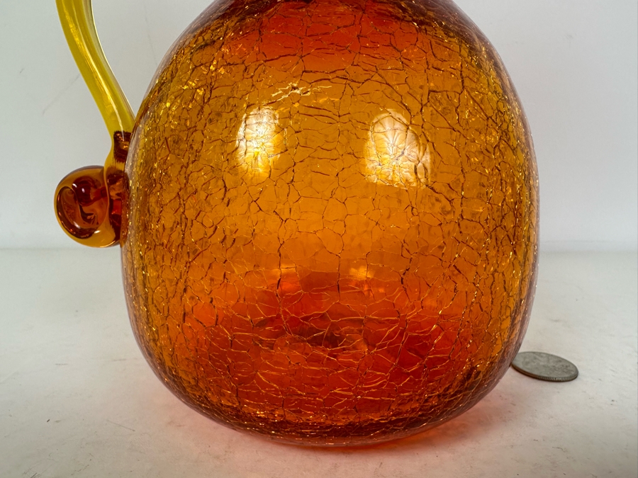 Vintage MCM Rainbow Glass Company Tangerine Crackle Glass Decanter Pitcher With Ball Stopper 11'H [Photo 3]