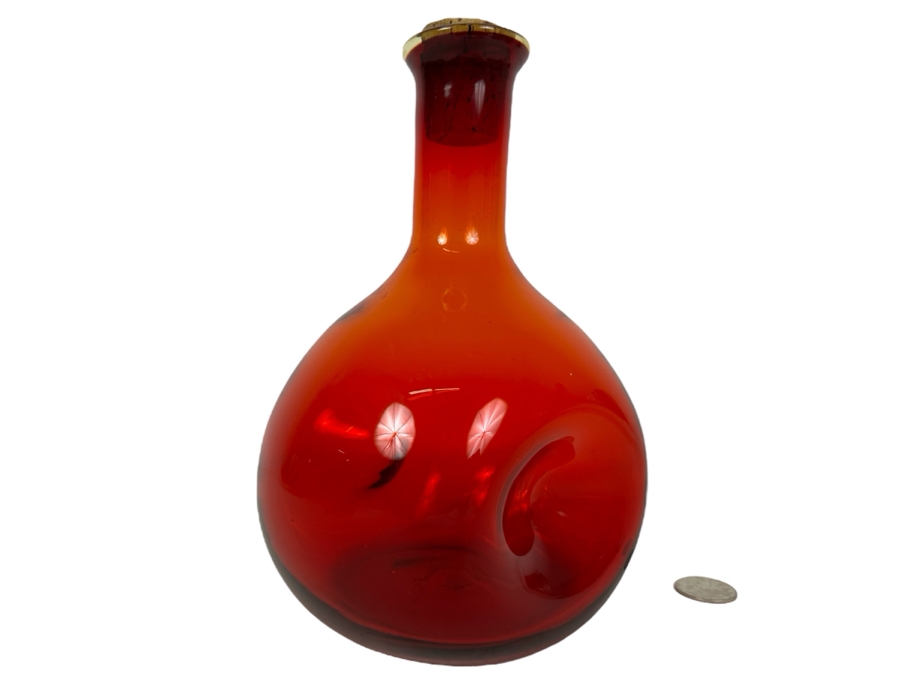 Vintage MCM Rainbow Glass Company Red Pinched Glass Bottle Red Amberina With Cork Stopper 8.5'H [Photo 1]