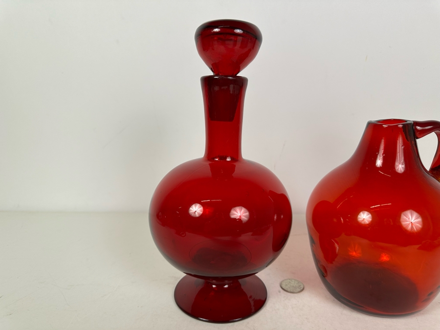 Vintage MCM Red Decanter Bottle With Stopper 10'H And Red Jug 7'H [Photo 3]