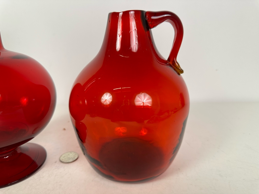 Vintage MCM Red Decanter Bottle With Stopper 10'H And Red Jug 7'H [Photo 2]