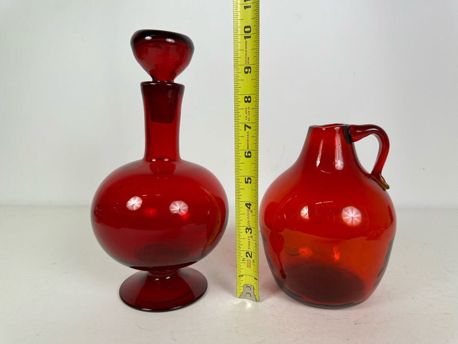 Vintage MCM Red Decanter Bottle With Stopper 10'H And Red Jug 7'H [Photo 7]