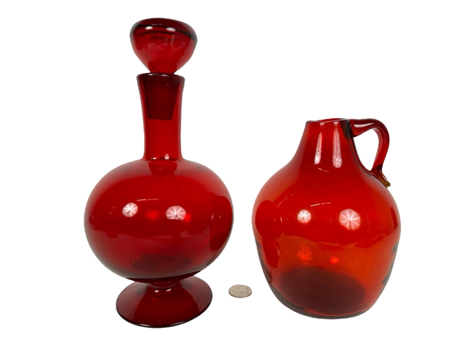 Vintage MCM Red Decanter Bottle With Stopper 10'H And Red Jug 7'H [Photo 1]