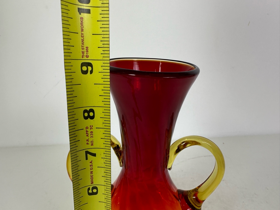 Vintage Amberina Art Glass Footed Handled Vase 9'H [Photo 6]