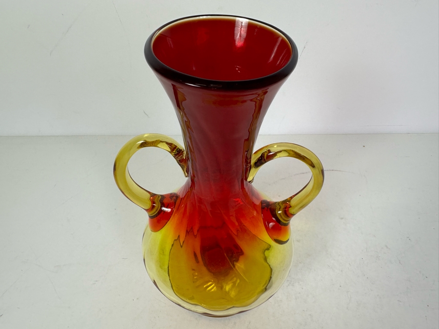 Vintage Amberina Art Glass Footed Handled Vase 9'H [Photo 3]