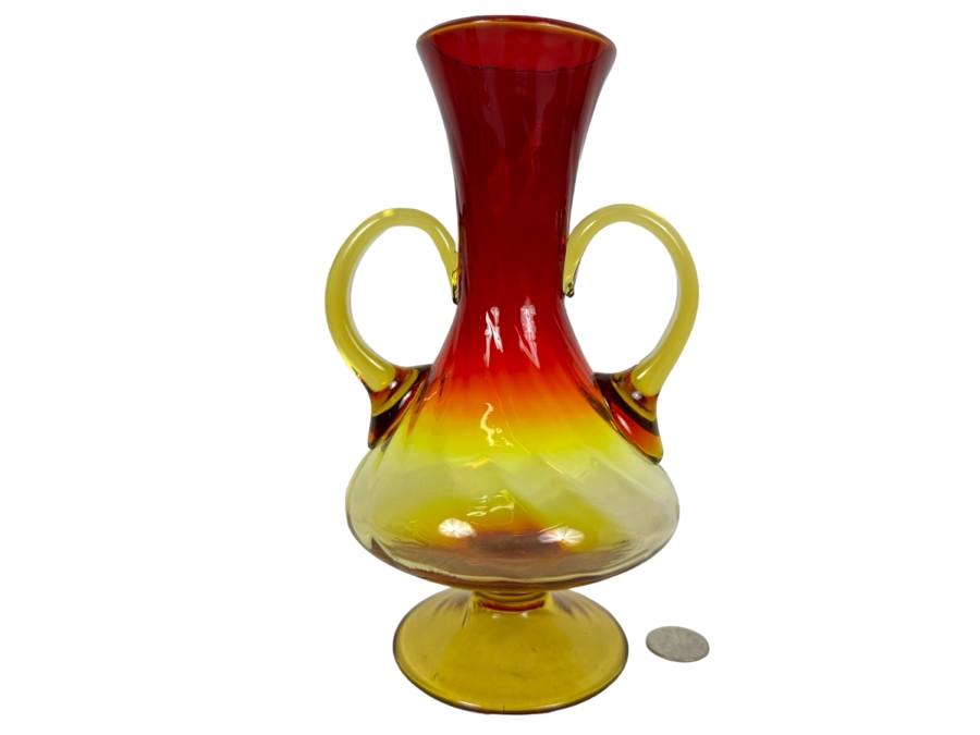 Vintage Amberina Art Glass Footed Handled Vase 9'H [Photo 1]