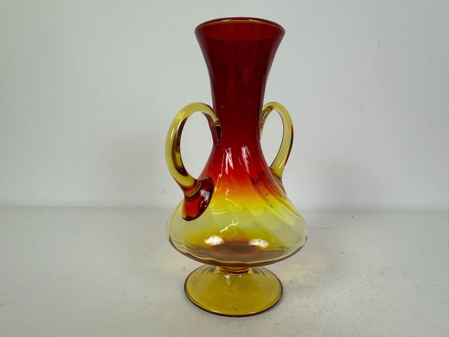 Vintage Amberina Art Glass Footed Handled Vase 9'H [Photo 4]
