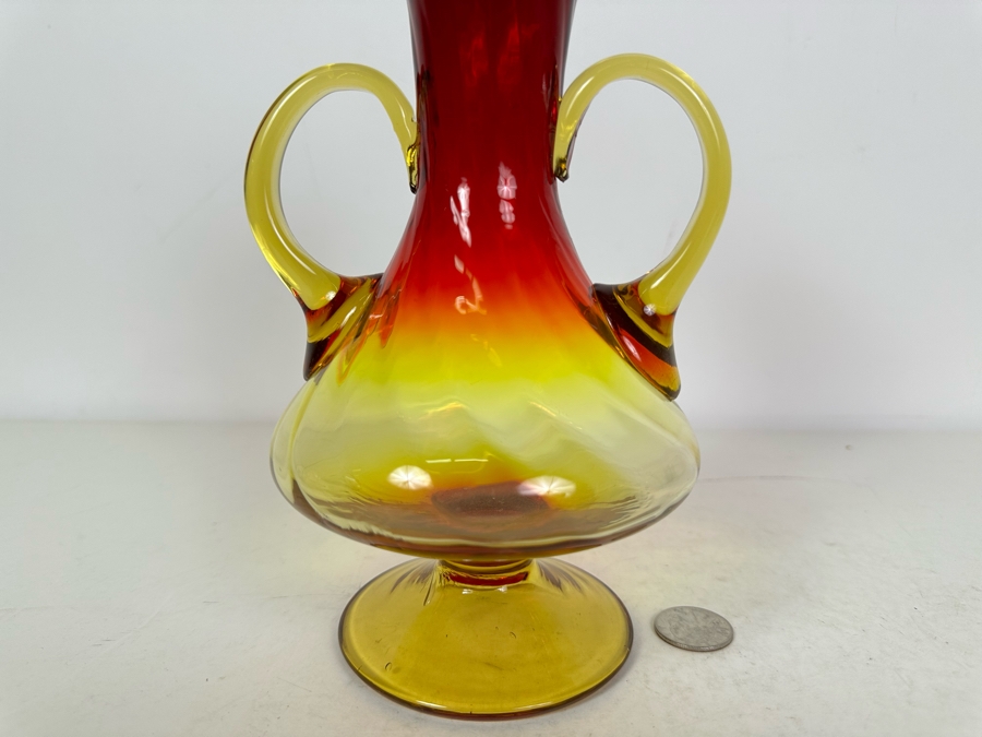 Vintage Amberina Art Glass Footed Handled Vase 9'H [Photo 2]
