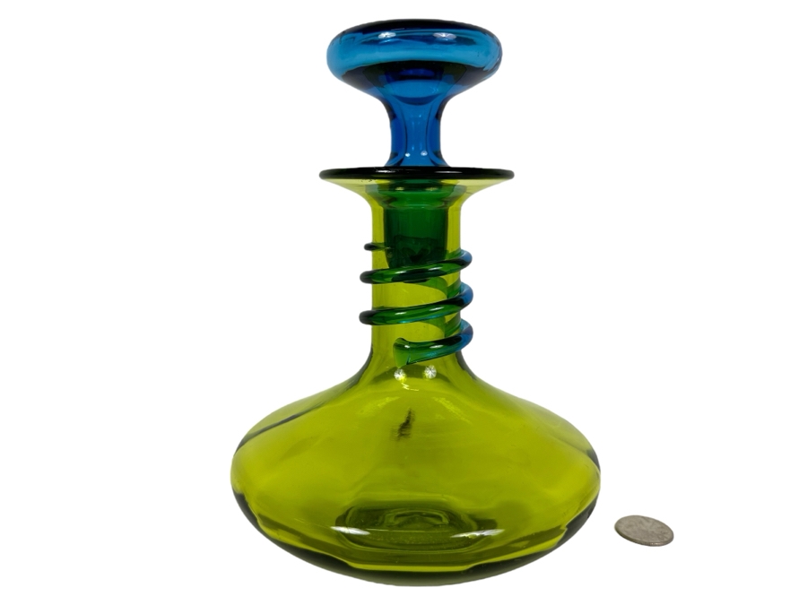 Vintage MCM Rainbow Glass Green & Blue Decanter With Stopper 8'H