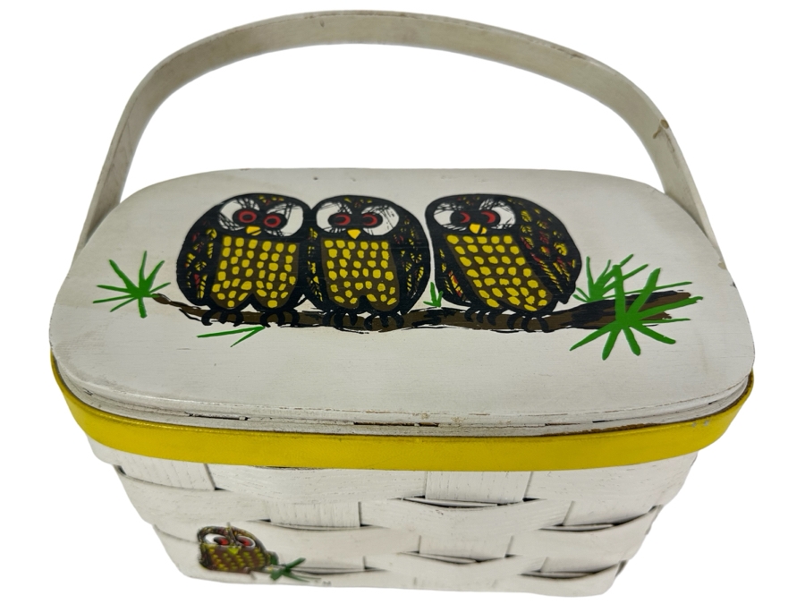 Vintage Hand Painted Owl Themed Basket Purse Handbag By Caro Nan 8.5'W