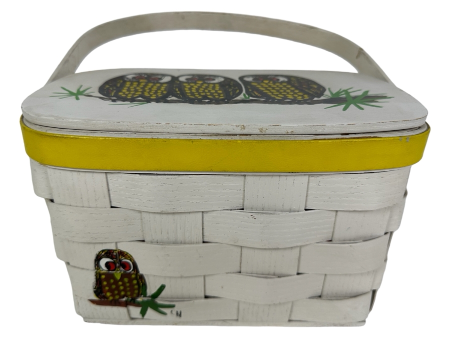 Vintage Hand Painted Owl Themed Basket Purse Handbag By Caro Nan 8.5'W [Photo 2]