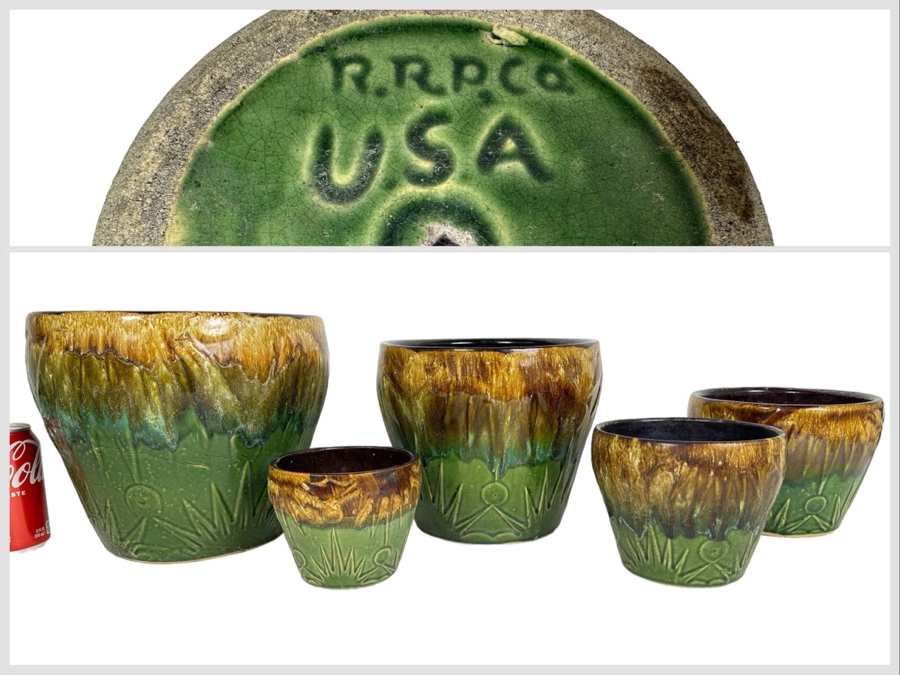 Vintage RRP Co USA Pottery Flower Pots - 5 Pots Ranging From 9'H To 4'H