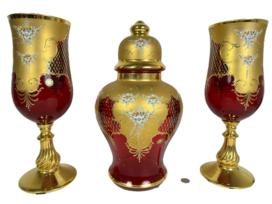 Vintage Italian Murano Glass With 24kt Gold Paint 4 Pieces 16'H