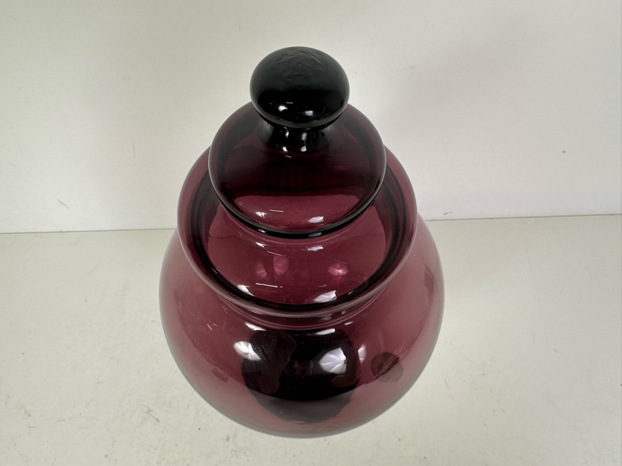 Vintage MCM Italian Empoli Glass Amethyst Purple Footed Jar With Lid 11.5'H [Photo 3]