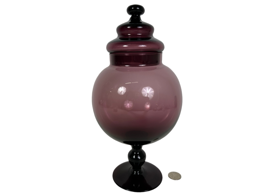 Vintage MCM Italian Empoli Glass Amethyst Purple Footed Jar With Lid 11.5'H